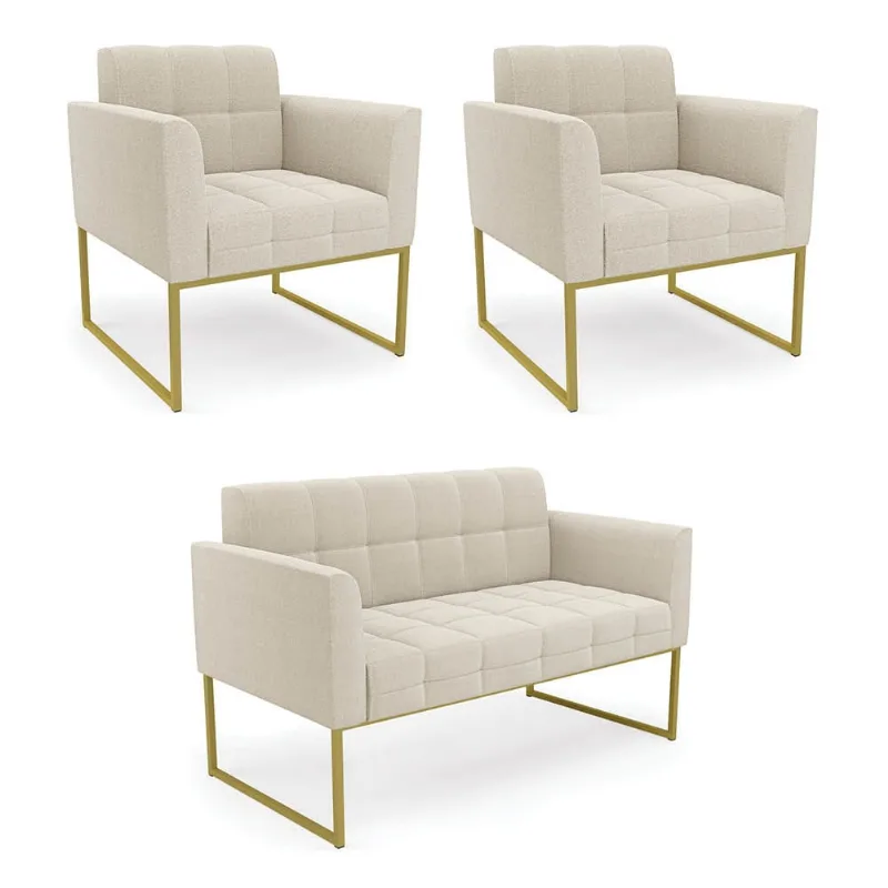 Namoradeira e 2 Poltronas Industrial Dourado Elisa Bouclê D03 - D'Rossi Terra
