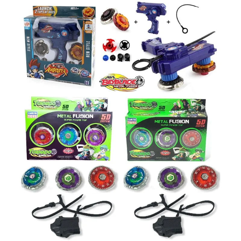 Lançador Duplo c/2 Beyblade Metal Fusion + 6 Beyblade Led c/2 Lançador