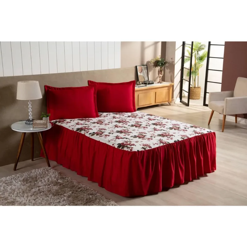 Kit Colcha Ana Casal Padrão 3Pçs Estampada Floral Vermelho