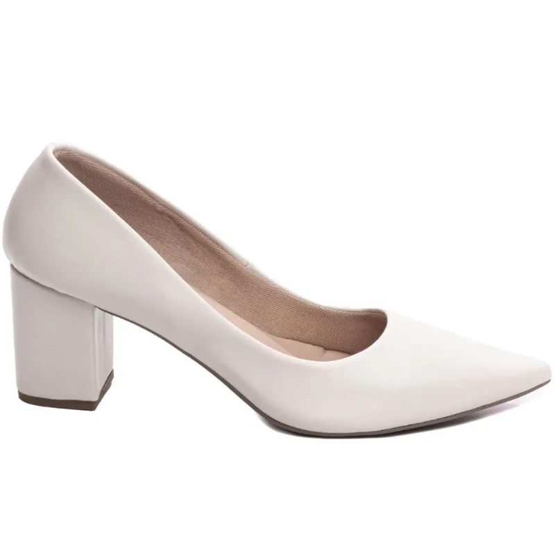 Sapato Scarpin Salto Médio Baixo Grosso Bico Fino 6,5 cm Off White Branco Torricella