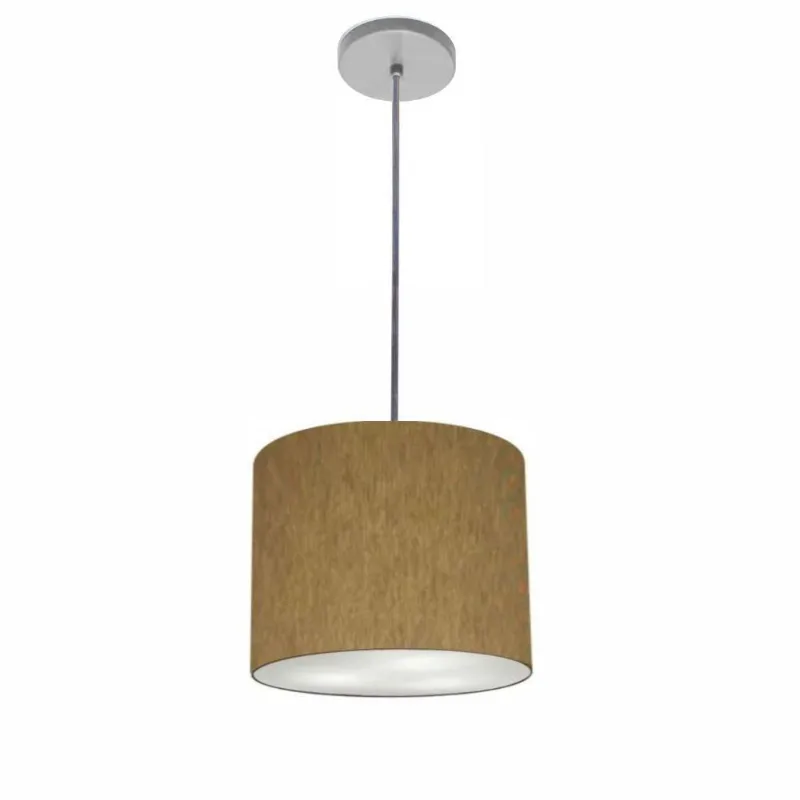 Luminária Pendente Free Lux Md-4105 Cilíndrica Cúpula em Tecido Cáqui Canopla Cinza Vivare Brasil - Vivare Brasil Iluminação