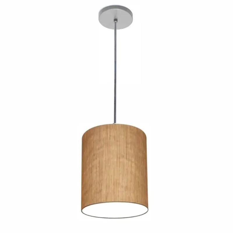 Luminária Pendente Vivare Free Lux Md-4104 Cúpula em Tecido Palha, Canopla Cinza Vivare Brasil - Vivare Brasil Iluminação