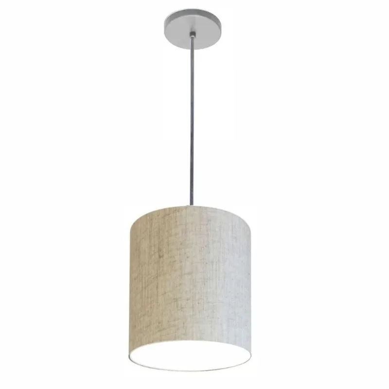Luminária Pendente Free Lux Md-4104 com Cúpula em Tecido rústico-bege, Canopla Cinza Vivare Brasil - Vivare Brasil Iluminação