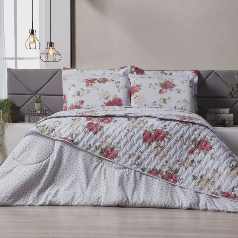 Kit Cobre Leito Dupla Face Algodão Solteiro Floral Vermelho