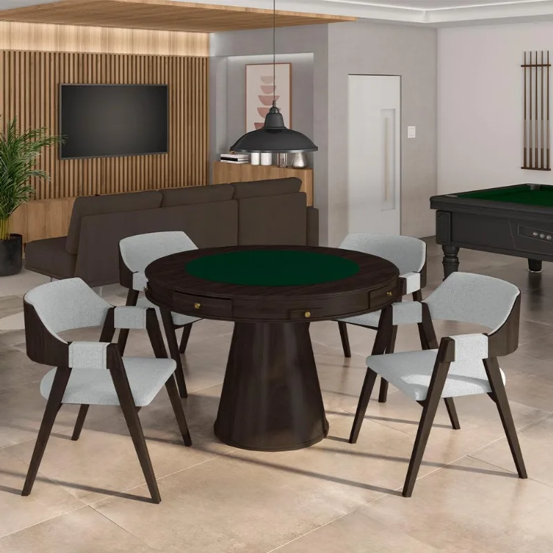 Conjunto Mesa De Jogos Carteado Bellagio Tampo Reversível Verde E 4 Cadeiras Madeira Poker Base Cone Linho Cinza/capuccino G42 - Gran Belo - Gran Belo