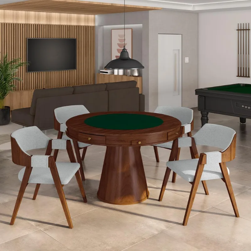 Conjunto Mesa De Jogos Carteado Bellagio Tampo Reversível Verde E 4 Cadeiras Madeira Poker Base Cone Linho Cinza/imbuia G42 - Gran Belo - Gran Belo