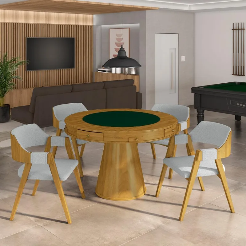 Conjunto Mesa De Jogos Carteado Bellagio Tampo Reversível Verde E 4 Cadeiras Madeira Poker Base Cone Linho Cinza/mel G42 - Gran Belo - Gran Belo