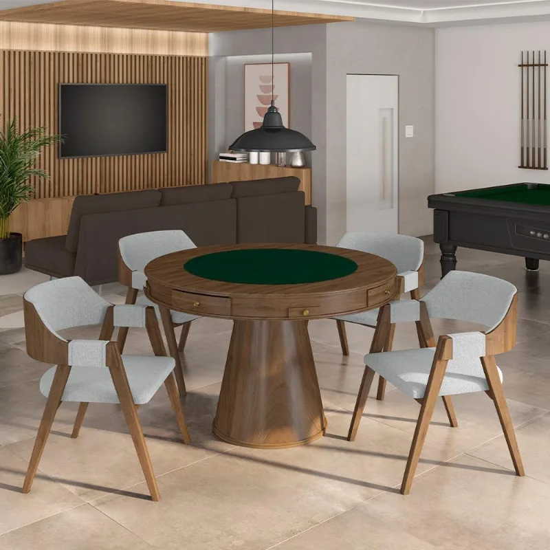 Conjunto Mesa De Jogos Carteado Bellagio Tampo Reversível Verde E 4 Cadeiras Madeira Poker Base Cone Linho Cinza/nogueira G42 - Gran Belo - Gran Belo