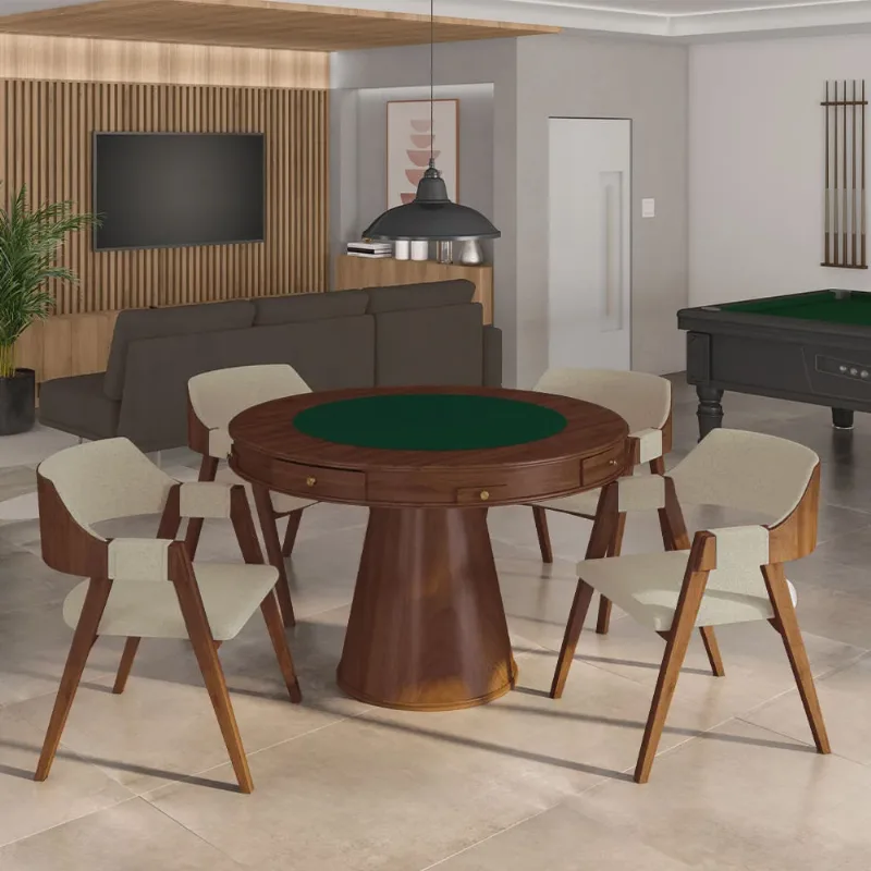 Conjunto Mesa de Jogos Carteado Bellagio Tampo Reversível Verde e 4 Cadeiras Madeira Poker Base Cone Linho OffWhite/Imbuia G42 - Gran Belo - Gran Belo