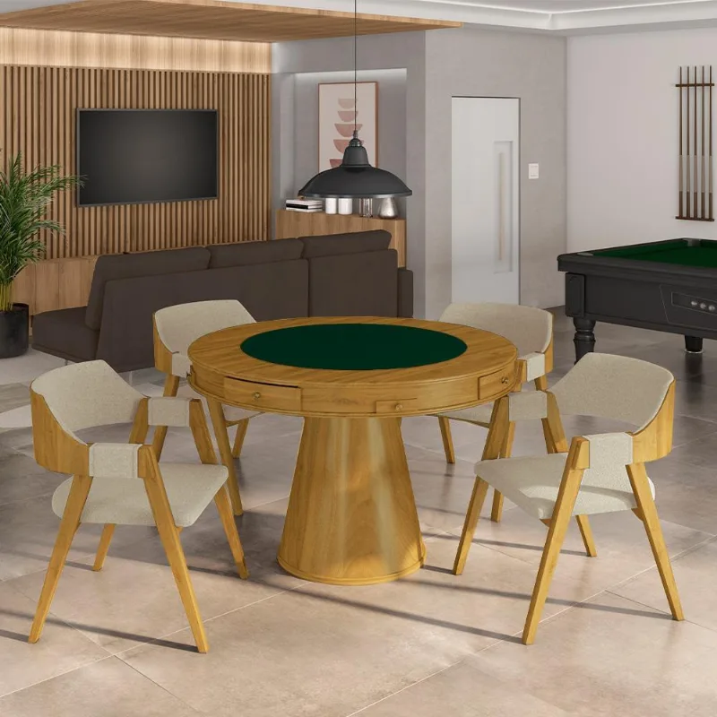 Conjunto Mesa De Jogos Carteado Bellagio Tampo Reversível Verde E 4 Cadeiras Madeira Poker Base Cone Linho Offwhite/mel G42 - Gran Belo