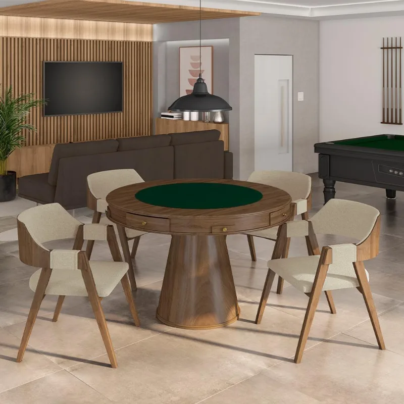 Conjunto Mesa De Jogos Carteado Bellagio Tampo Reversível Verde E 4 Cadeiras Madeira Poker Base Cone Linho Offwhite/nogueira G42 - Gran Belo - Gran Belo
