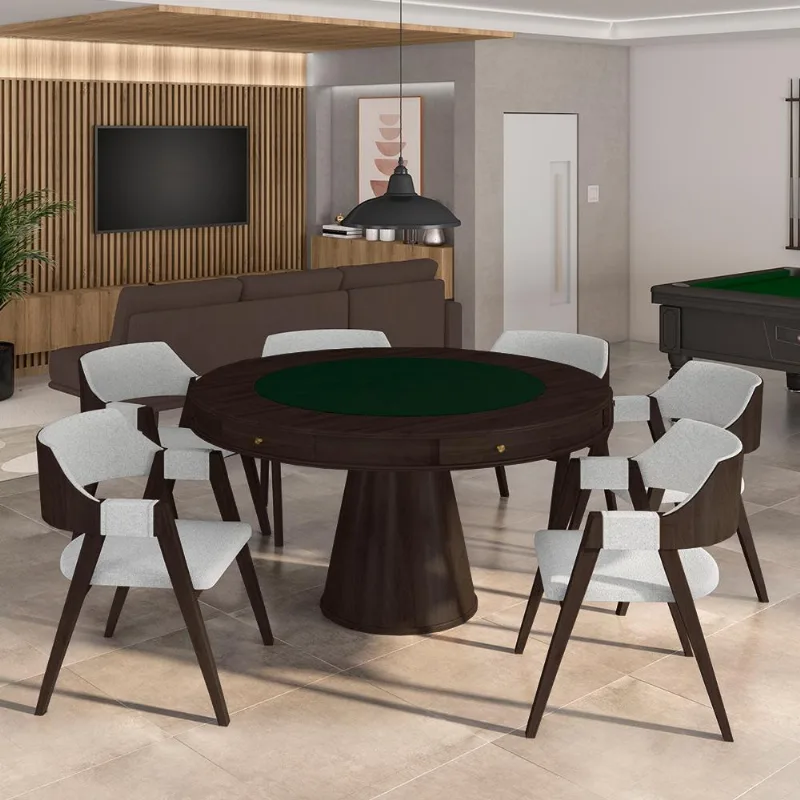 Conjunto Mesa De Jogos Carteado Bellagio Tampo Reversível Verde E 6 Cadeiras Madeira Poker Base Cone Linho Cinza/capuccino G42 - Gran Belo - Gran Belo