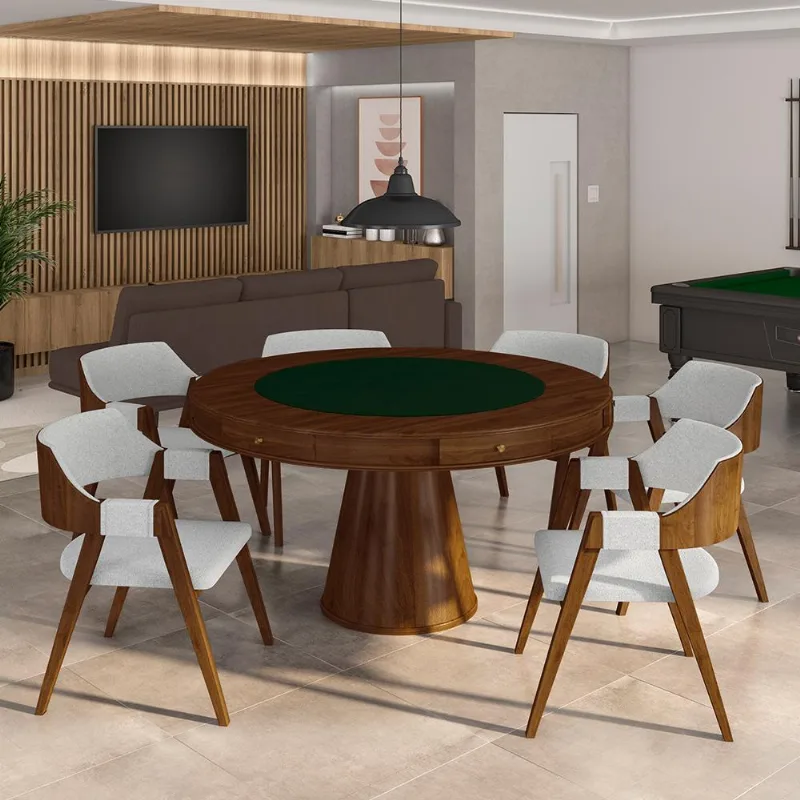 Conjunto Mesa De Jogos Carteado Bellagio Tampo Reversível Verde E 6 Cadeiras Madeira Poker Base Cone Linho Cinza/imbuia G42 - Gran Belo
