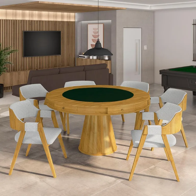 Conjunto Mesa De Jogos Carteado Bellagio Tampo Reversível Verde E 6 Cadeiras Madeira Poker Base Cone Linho Cinza/mel G42 - Gran Belo - Gran Belo