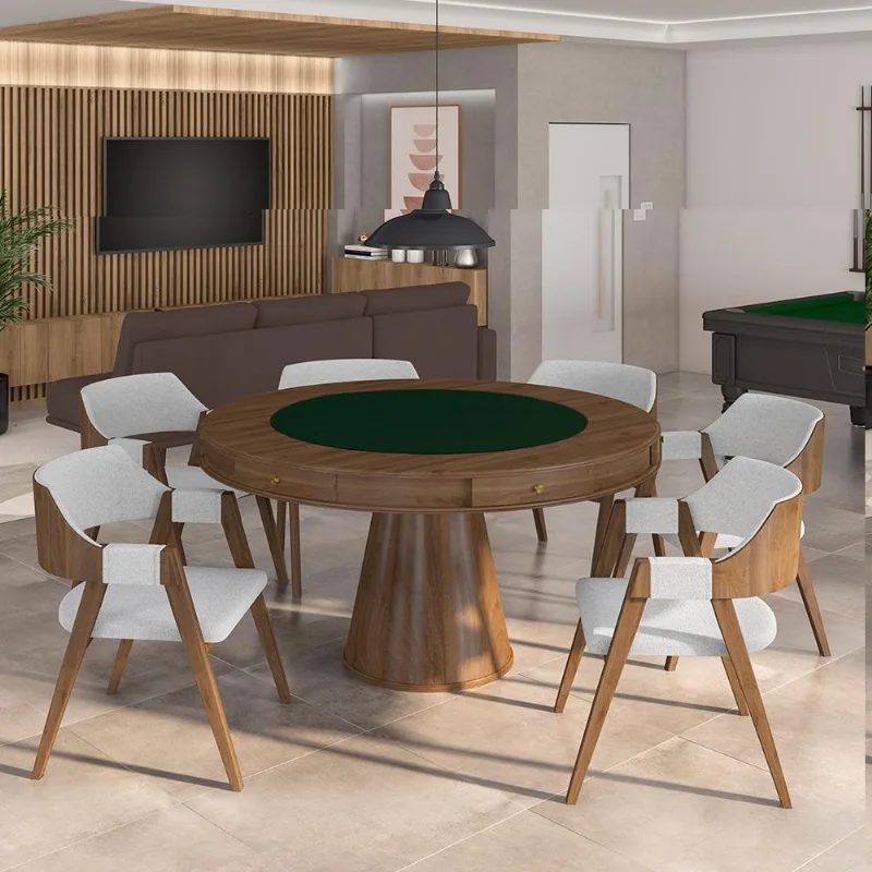 Conjunto Mesa De Jogos Carteado Bellagio Tampo Reversível Verde E 6 Cadeiras Madeira Poker Base Cone Linho Cinza/nogueira G42 - Gran Belo