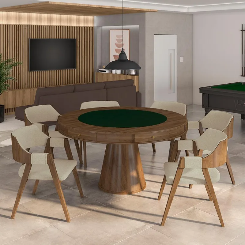Conjunto Mesa De Jogos Carteado Bellagio Tampo Reversível Verde E 6 Cadeiras Madeira Poker Base Cone Linho Offwhite/nogueira G42 - Gran Belo - Gran Belo