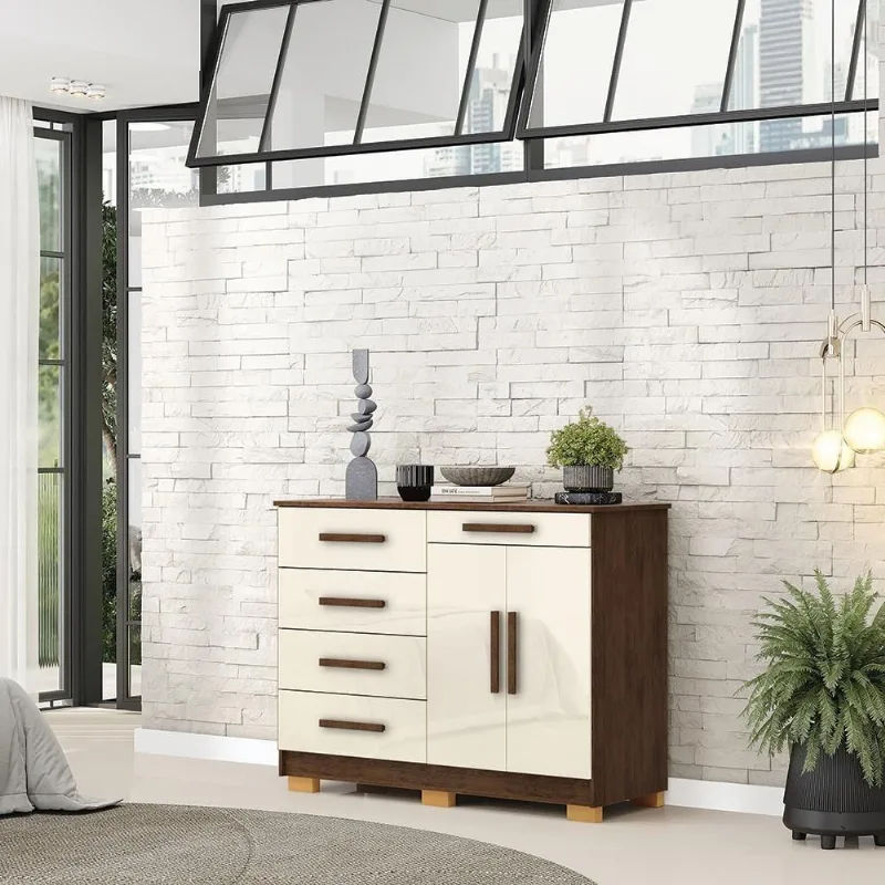 Cômoda Sapateira Batel G98 5 Gavetas em MDF-MDP Off White e Nogueira Gran Belo