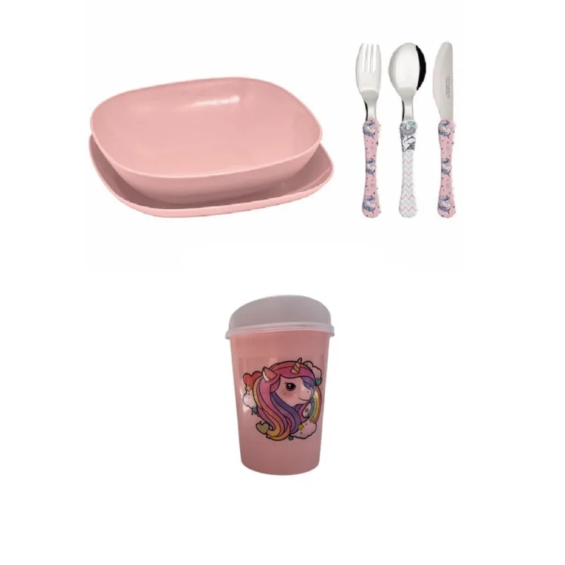 Conjunto pratos talheres infantil copo com bico - Unicornio - Simonaggio - Utilidades Domesticas