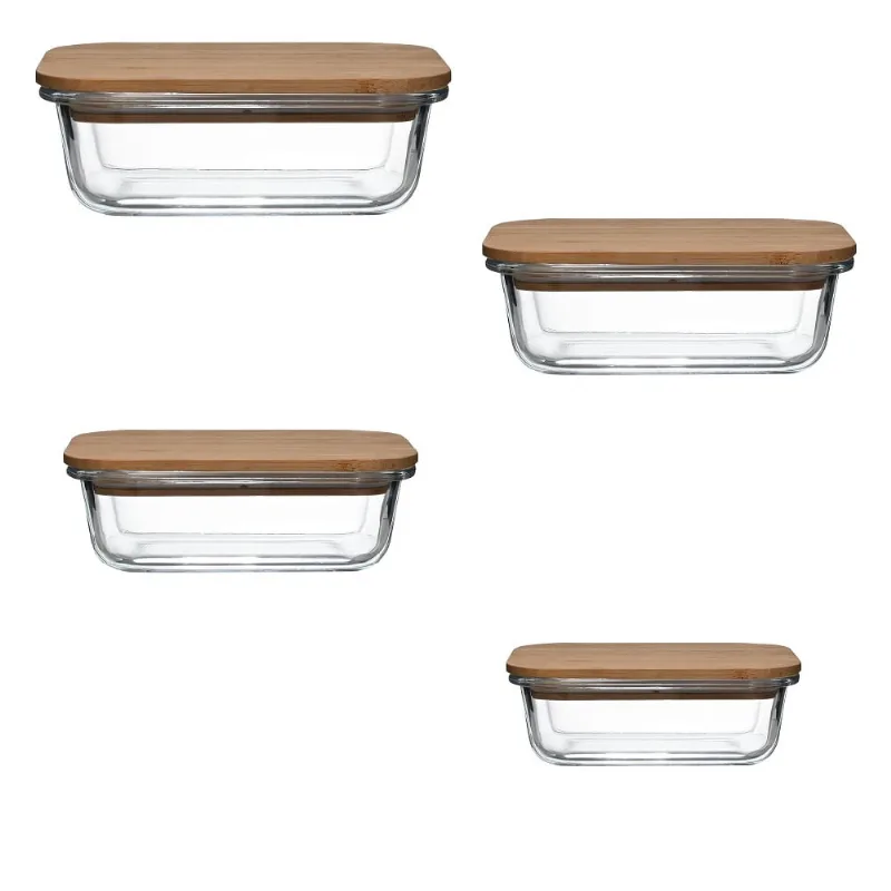 Conjunto de 4 Vasilhas retangulares de vidro tampa de Bambu