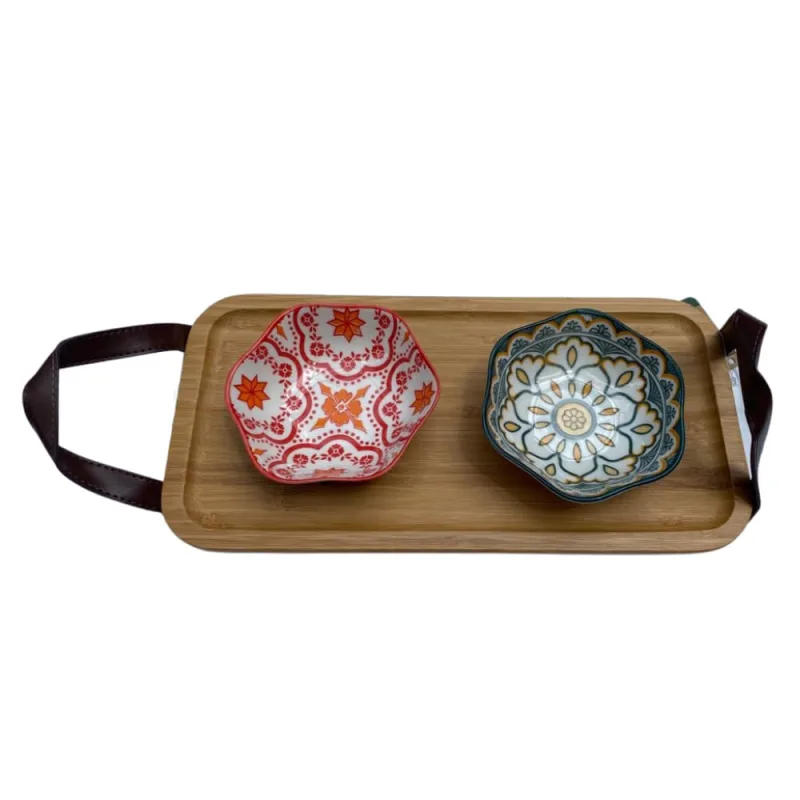 Bandeja de bambu com alça couro 2 petisqueiras mini bowl - Pracaza