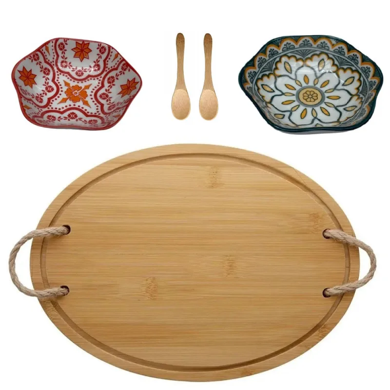 Bandeja de bambu com alça em corda 2 mini bowl e colheres - Oikos - Utilidades Domesticas