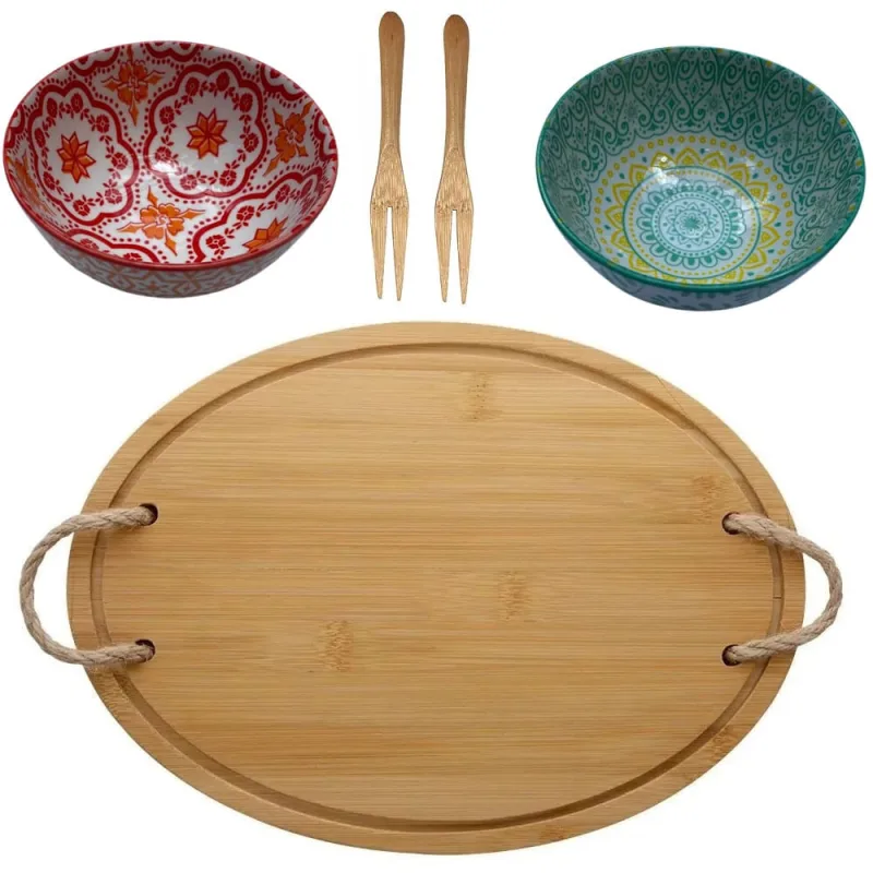 Bandeja de bambu com alça em corda 2 Bowl e Garfos - Oikos - Utilidades Domesticas