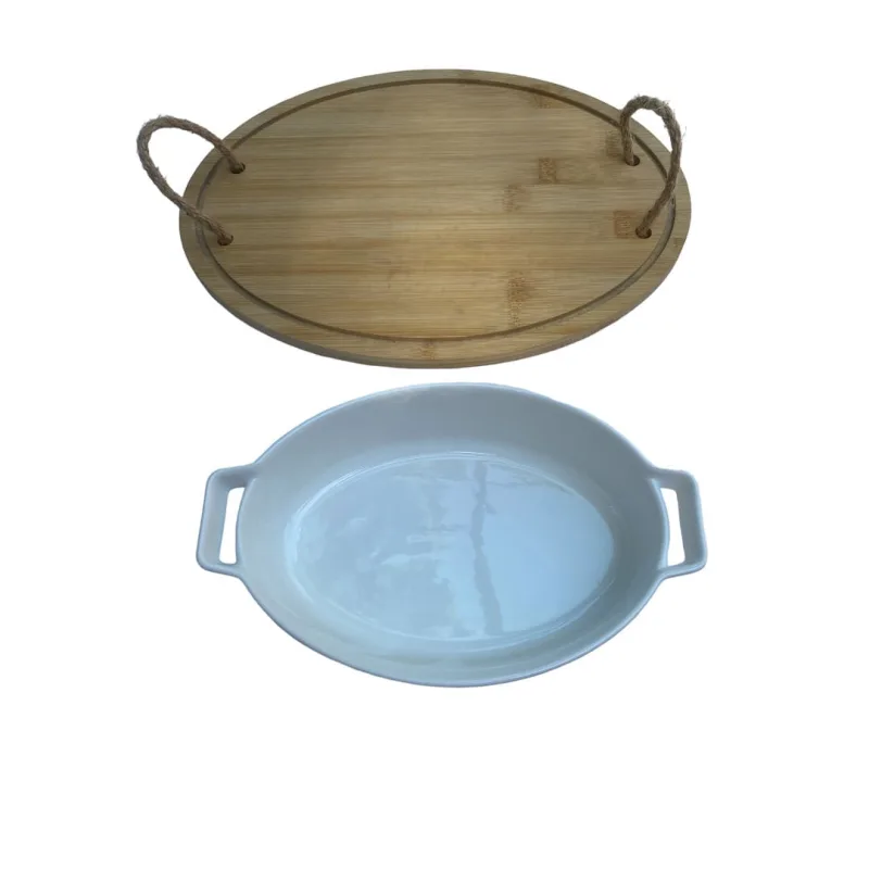 Bandeja Bambu alça Corda e Travessa de porcelana refrataria - HAUSKRAFT - Utilidades Domesticas