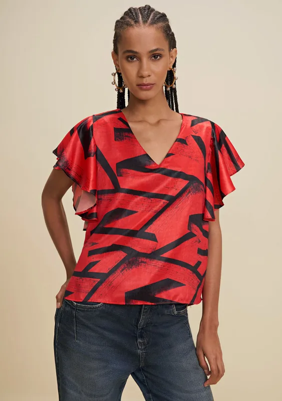 Blusa Solta Decote V Manga Curta Cropped Vermelho - Morena Rosa
