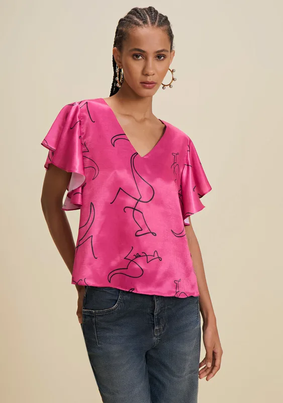 Blusa Solta Decote V Manga Curta Cropped Rosa - Morena Rosa