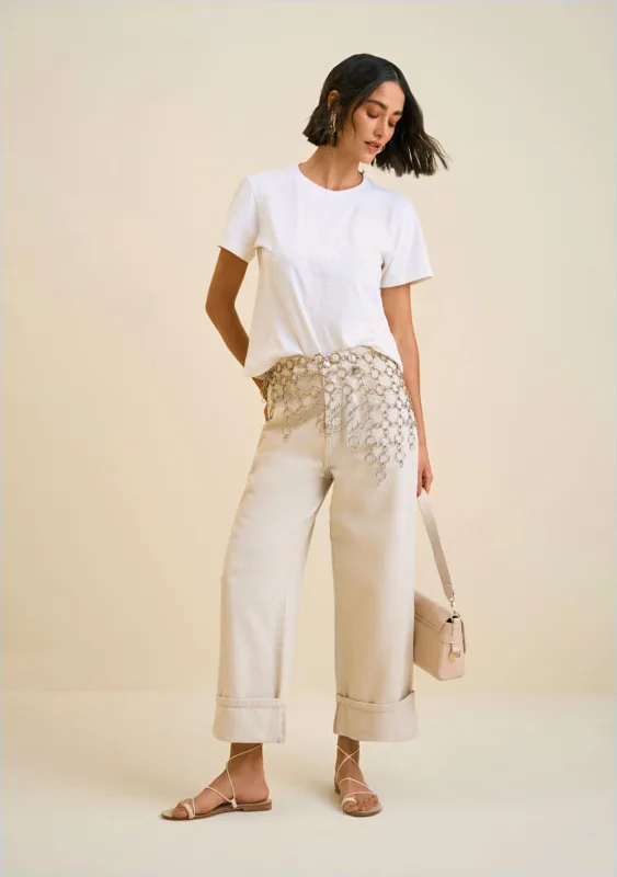 Calça Morena Rosa Wide Leg Thaila Cós Alto Barra Dobrada Bege Claro - Morena Rosa - Outlet
