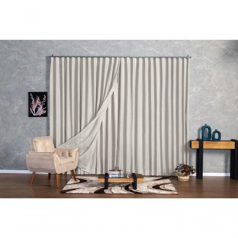 Cortina Microfibra Com Linho 2,80x1,80 Para Trilho Duplo Palha