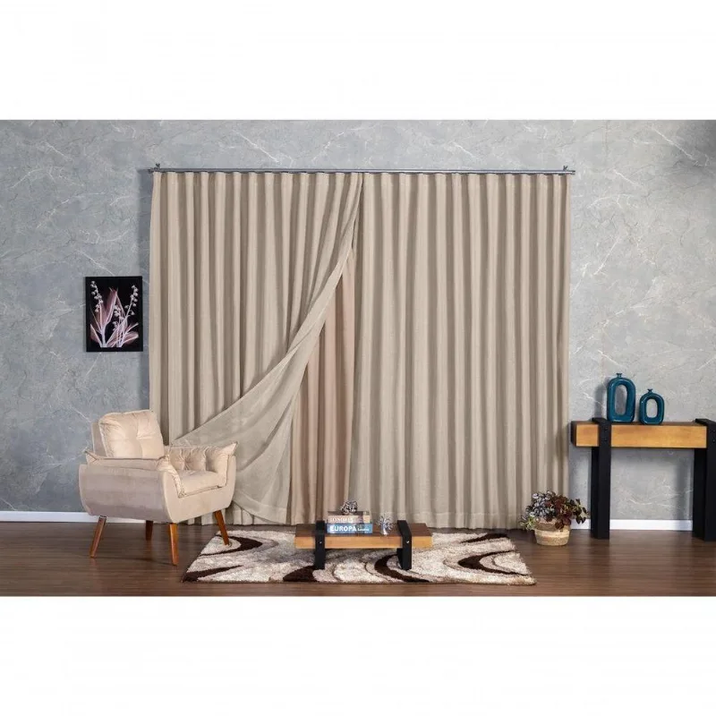 Cortina Microfibra Com Linho 6,00x2,30 Para Trilho Duplo Avelã