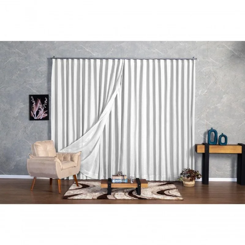Cortina Microfibra Com Linho 6,00x2,80 Para Trilho Duplo Branco