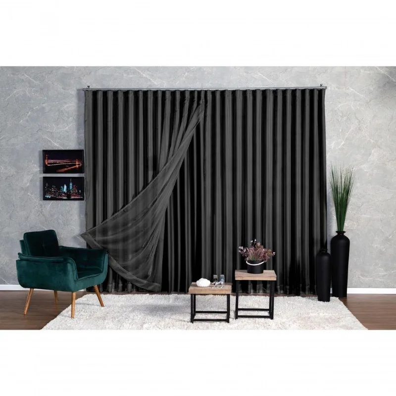 Cortina Microfibra Com Voil 3,00x2,50 Para Trilho Suíço Preto