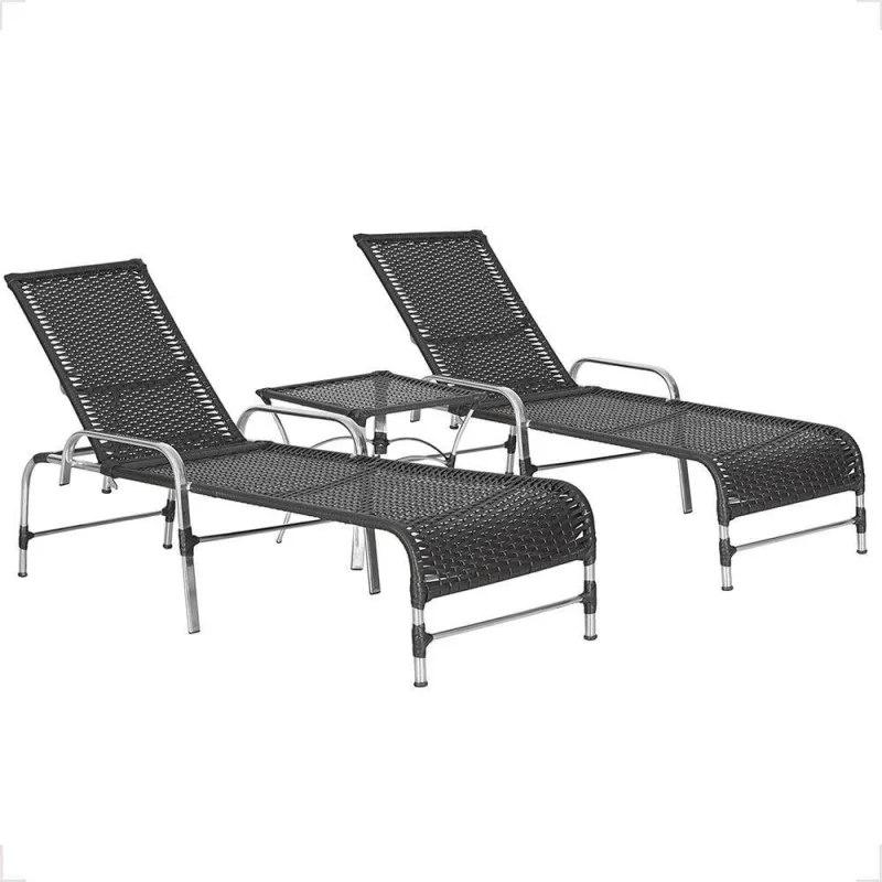 2 Espreguiçadeiras Catar E Mesa Para Piscina Jardim Varanda Preto - Trama - Móveis