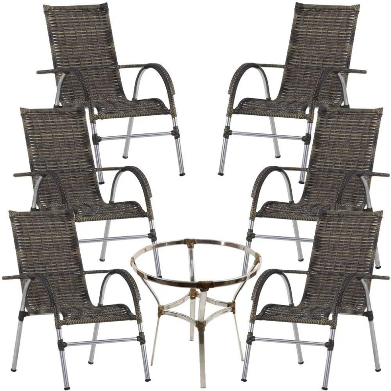 6 Cadeiras Alumínio E Mesa S/tampo Varanda Jardim Piscina Cappuccino - Trama - Móveis