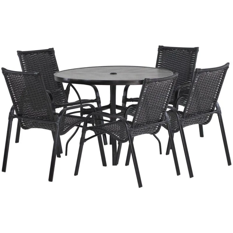 5 Cadeiras E Mesa 100cm Tampo Ripado Alumínio Piscina Jardim Cappuccino - trama