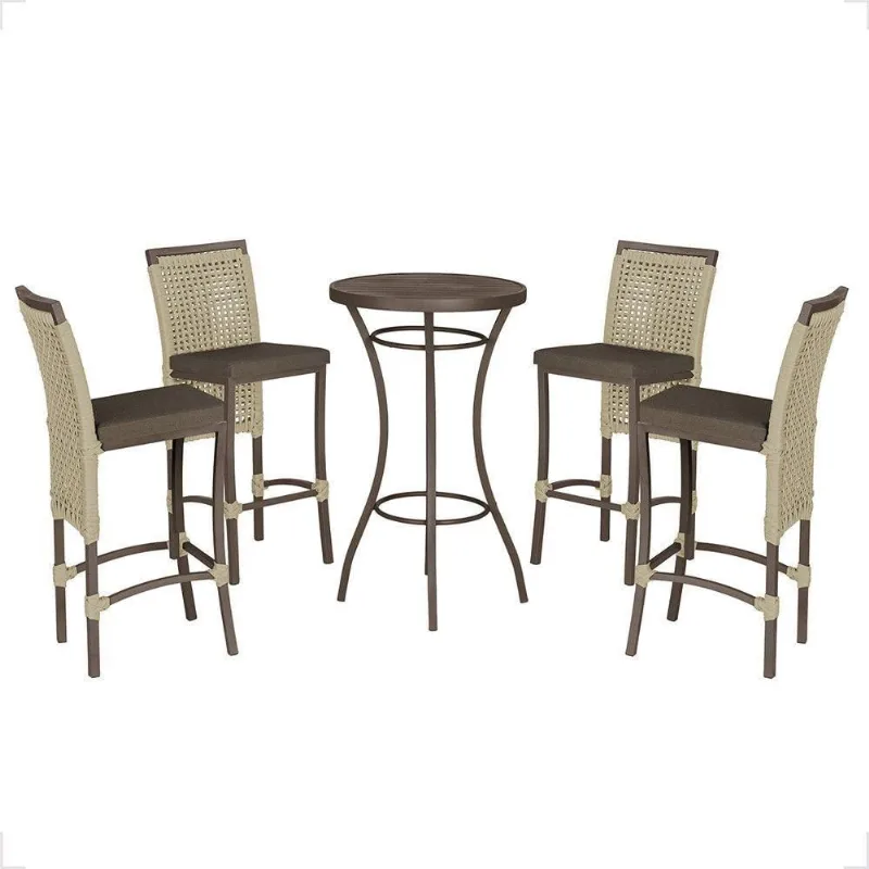 Mesa Bistrô E 4 Banquetas Roma Marrom Corda Estofado 9 Trama Rami - Trama