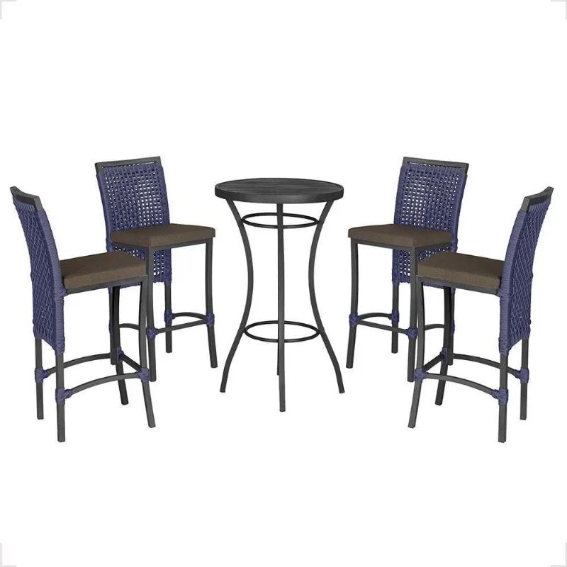 Mesa Bistrô E 4 Banquetas Roma Preta Corda Estofado 9 Trama Azul - Trama
