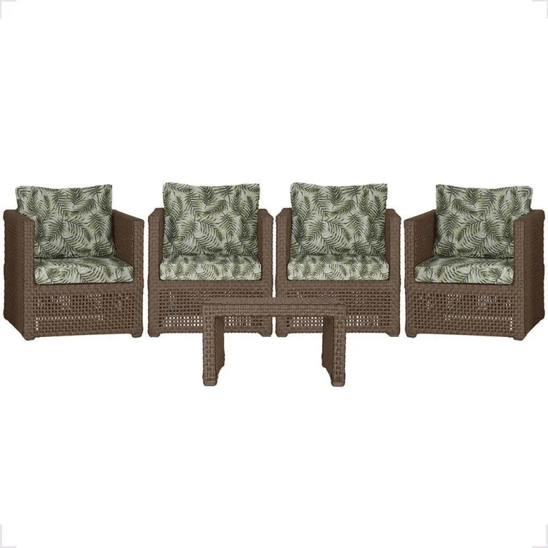 Conjunto Mesa e 4 Poltronas Madri Corda Náutica Alumínio Tecido Impermeável Marrom Trama Original - Trama