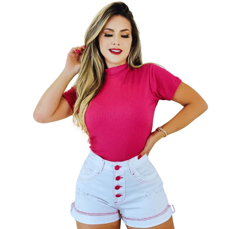 Conjunto Short Jeans pt Branco Cintura Altura 4 Botões Rosa e Blusinha Gola Alta