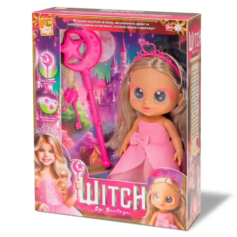 Boneca Bee Toys Witch Rosa Fadinha Magia com Tiara, Varinha de Condão e Chave Mágica - BEE TOYS - Brinquedos