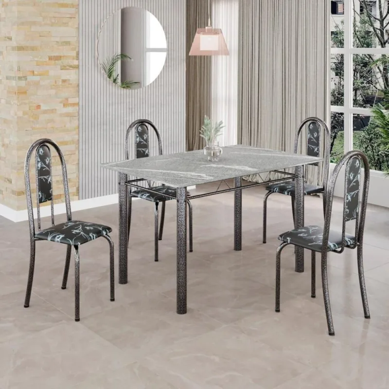 Conjunto de Mesa Isabel 4 Lugares Tampo Granito Topázio com Cadeiras Estofadas Prata 100X60CM Mart - Mart - Móveis