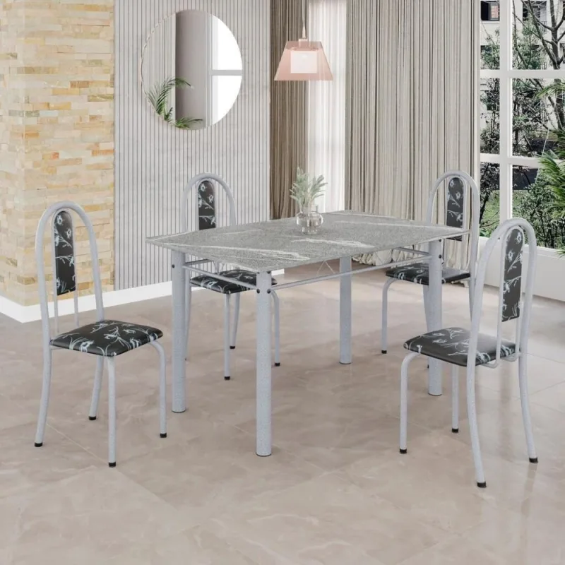 Conjunto de Mesa Isabel 4 Lugares Tampo Granito Topázio com Cadeiras Estofadas Branco 100x60CM Mart - Mart - Móveis