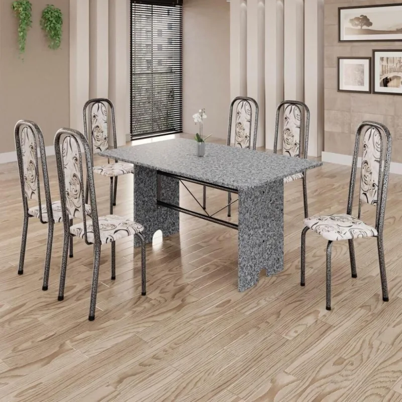 Conjunto de Mesa Letícia 6 Lugares Tampo Granito Ocre 140x75cm com Cadeiras Estofadas Amarelo Top - top