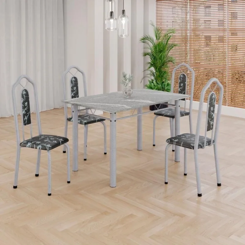 Conjunto de Mesa Brenda 4 Lugares Tampo Granito com Cadeiras Estofadas Bege 120CM Topázio - OUTRAS - Móveis