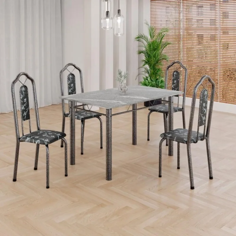 Conjunto de Mesa Brenda 4 Lugares Tampo Granito Topázio com Cadeiras Estofadas Prata Mart 120X75CM - Mart
