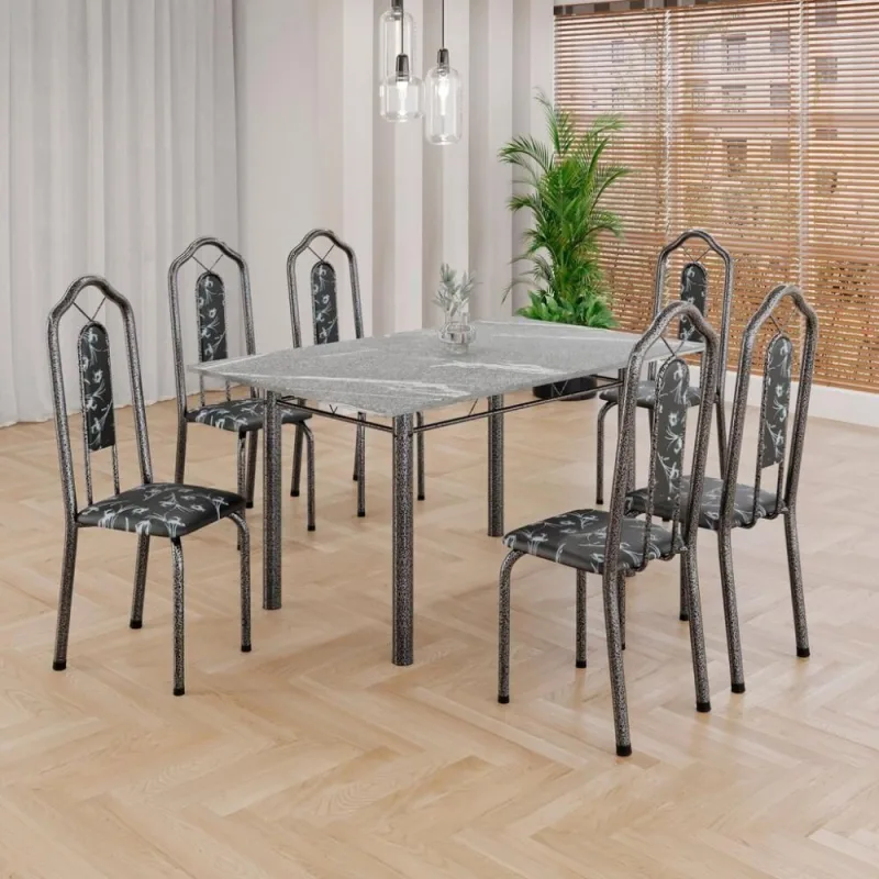 Conjunto de Mesa Brenda 6 Lugares Tampo Granito Topázio Cadeiras Estofadas 140CM Mart - Mart