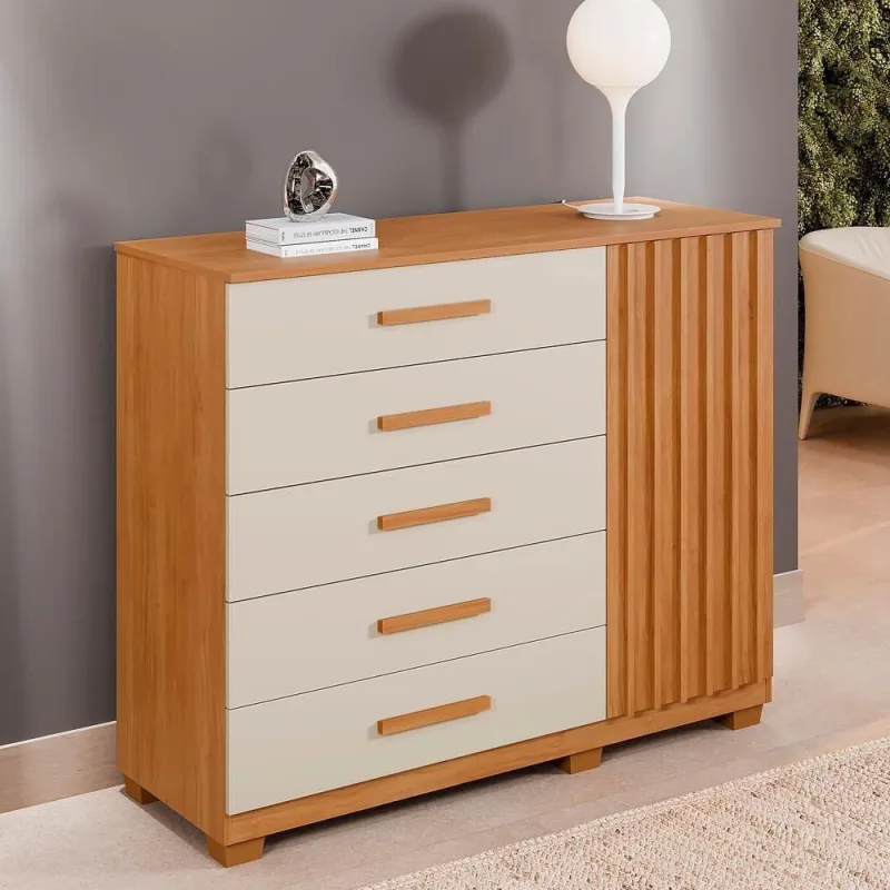 Cômoda Tóquio 5 Gavetas MDP Puxador MDF Cinza Clin Off 122.5CM - OUTRAS MARCAS