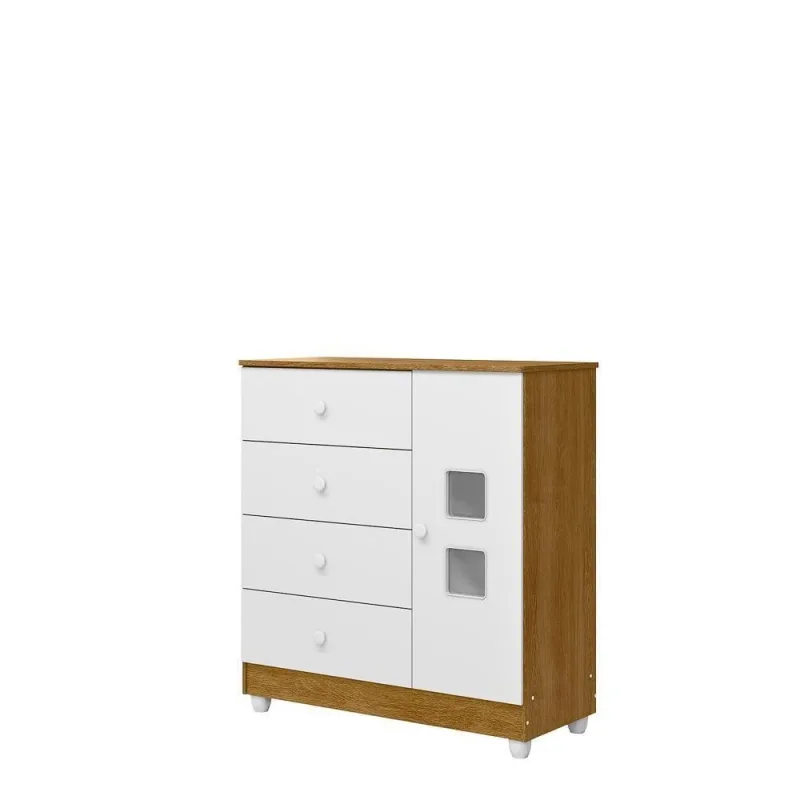 Cômoda Luiza 4 Gavetas 1 Porta MDF-MDP Puxador Plástico Branco e Ypê 94CM Ypê - OUTRAS MARCAS
